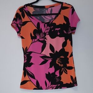 Worthington Black Floral Women's Top - Pink and Orange M